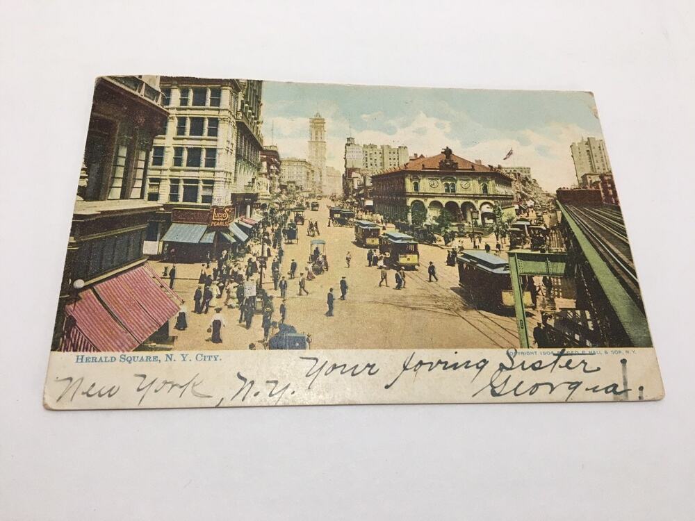 Herald Square New York City Trolley 1904 Lucios Pearls Flag Statues People Train
